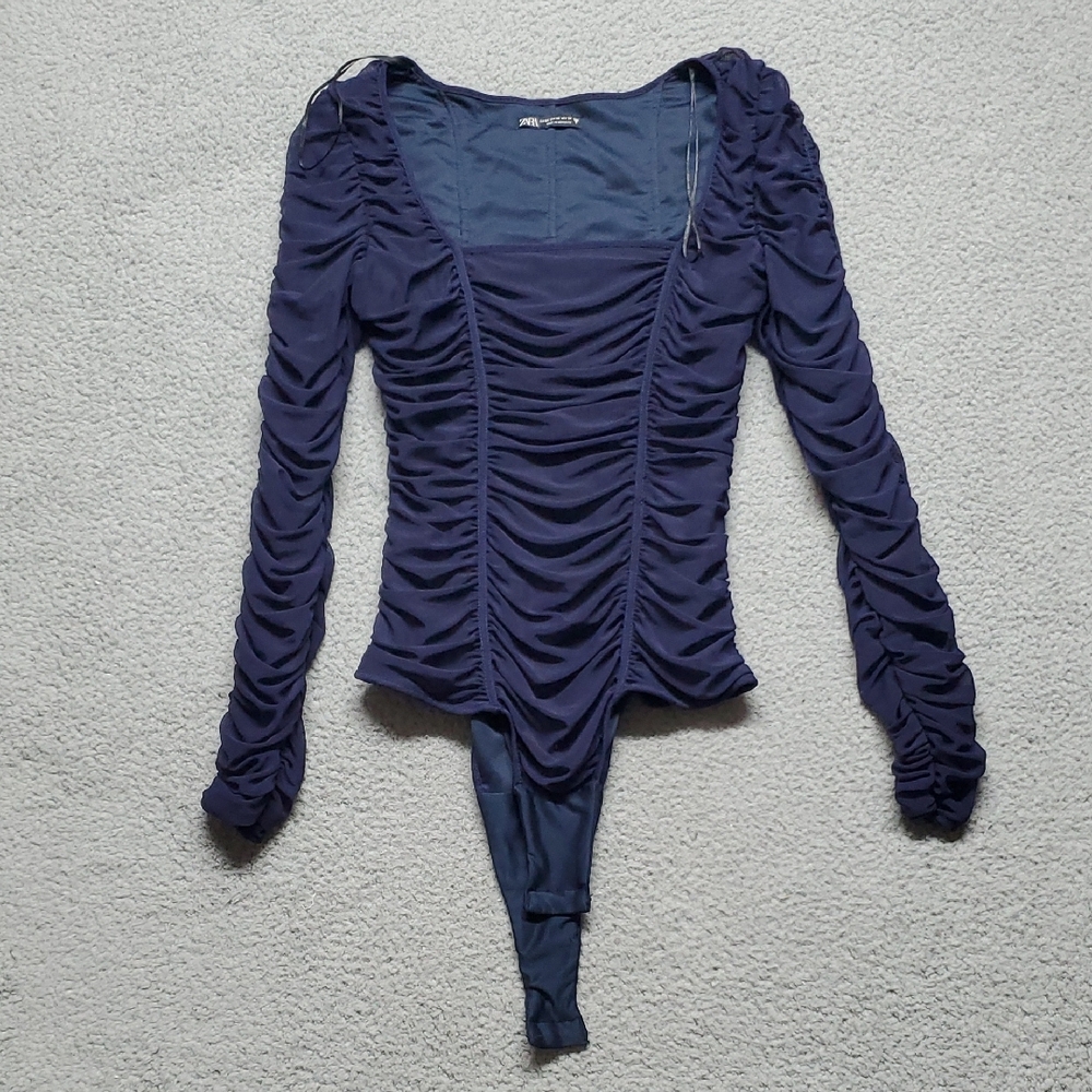 Zara Women's Navy Ruched Long-Sleeve Bodysuit Size XS
